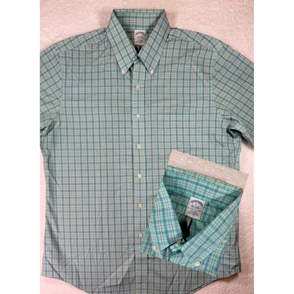 Brooks Brothers Shirt Mens Large Green Plaid Short Sleeve Non-Iron Supima Cotton